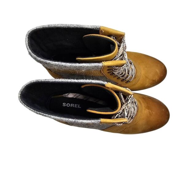 SOREL Wedge Lace-Up Boots – Leather & Wool Blend Tan/Gray  Size 8.5 - Picture 6 of 13